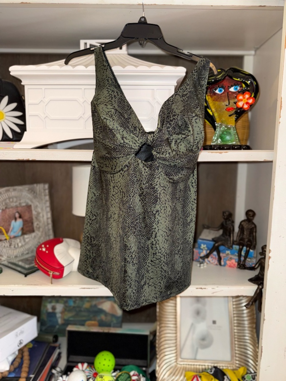 Swim Cacique 38H swimsuit tankini top green black snakeskin knotted front - Picture 3 of 5